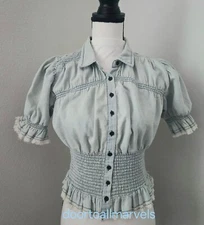 Pilcro Light Cropped Top Short Sleeve Wide Elastic Waist Puff Sleeve sz Small