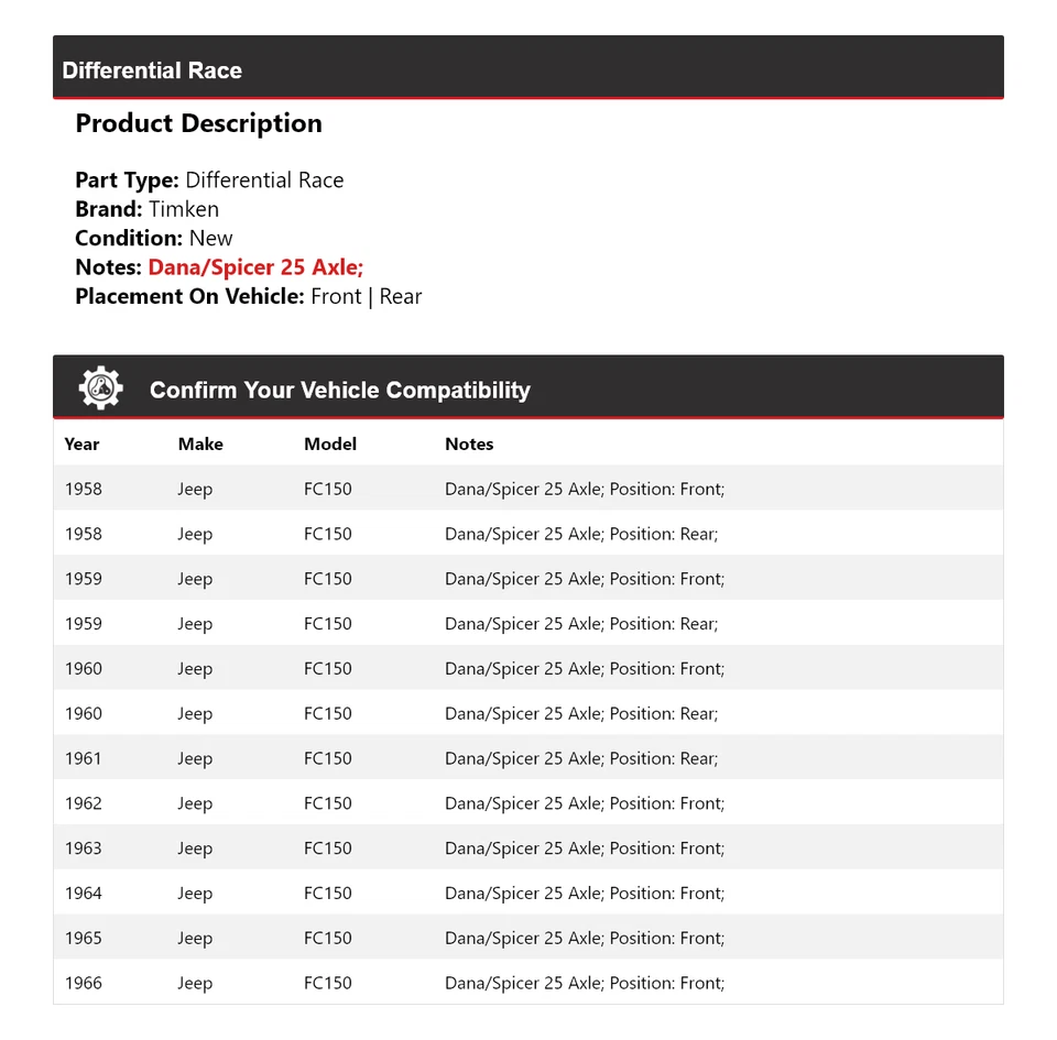 Para Jeep FC150 1958-1966 Diferencial Carrera Timken 1959 1960 1961 1962 1963 1964 Foto 2 de 4