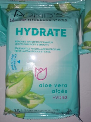 3x Ponds Vitamin Micellar Face Wipes Hydrate Aloe Vera + Vit B3 - 15 Wipes/Pk