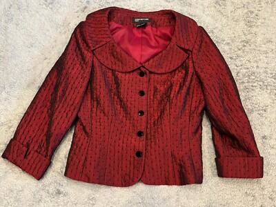 Jones New York Blazer Womens 12 Red Jacket Polyester Blend Black Lace Overlay