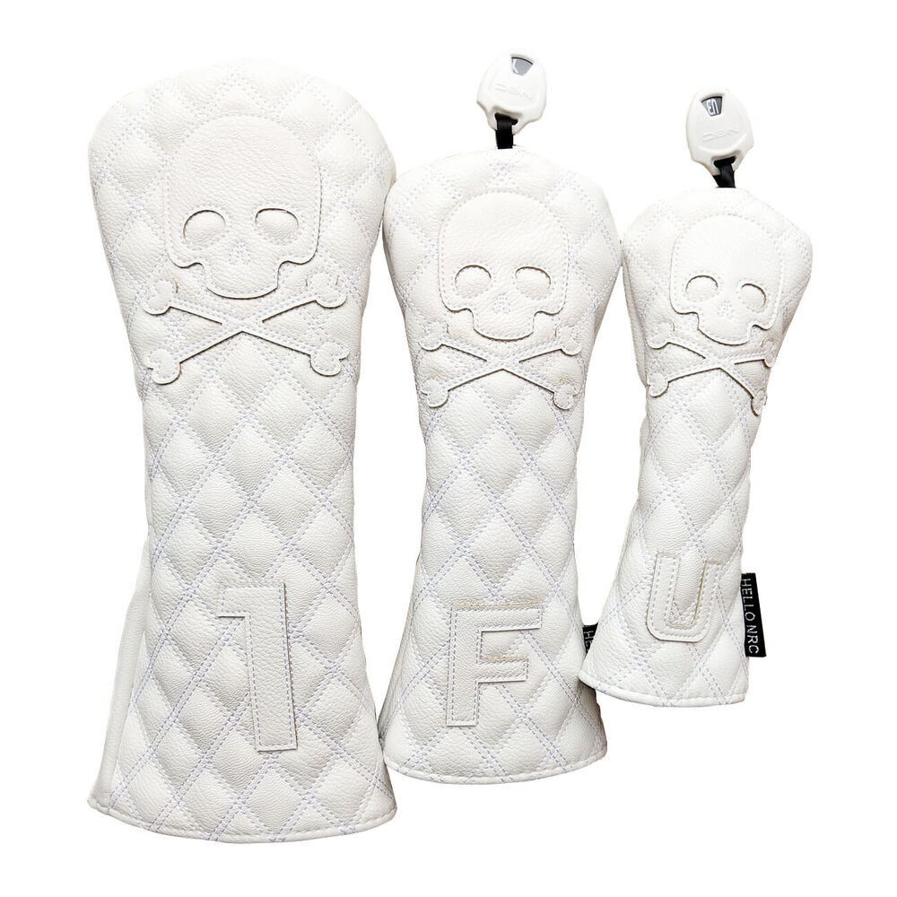 White Skull Premium Leather Golf Driver Club Cover Fairway Wood Hybrid