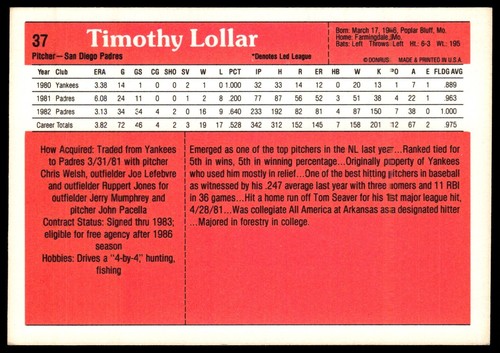 1983 Donruss Action All-Stars Oversized Tim Lollar RC San Diego Padres #37 - Picture 2 of 2