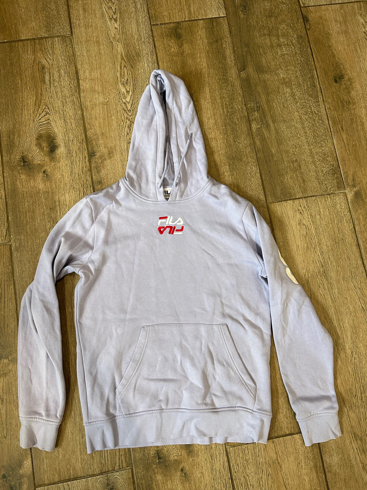 Felpa con cappuccio da donna viola fila taglia S logo sulla parte anteriore vestibilità sciolta