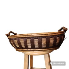 Vtg XL 22" Large Wicker Flower Gathering Woven Basket Bamboo Wood Handles Tray