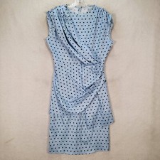 Sky Blue Polka Dot Stretch Pleated Mock Wrap Sheath Elegant Women Dress Size S