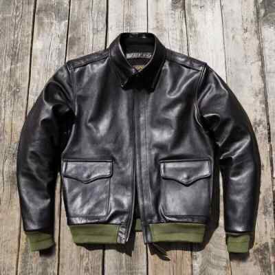 1Men's Genuine Leather Black  A2 Flight  Lambskin Bomber Elastic Waist Jacket