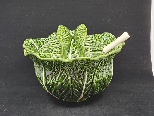 Olfaire Caldas Portugal Green Cabbage Leaf soup Tureen With Ladel And Platter - Picture 3 of 22