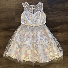 Rare Editions Girls Dress Sz 12-White,Floral Embroidery, Rhinestones, Sleeveless
