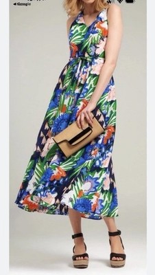L.K. Bennett London Silk Linen Floral Halter Midi Dress Pockets Lined Size 12