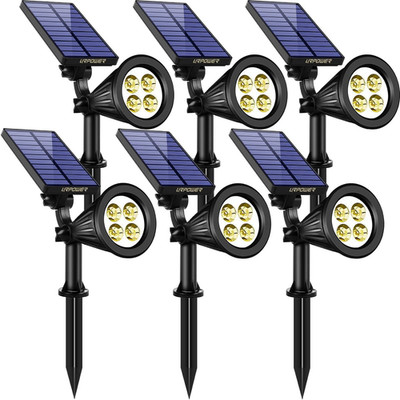 6 Pack Solar Spot Lights - Waterproof, Adjustable, 2 Lighting Modes, Warm White