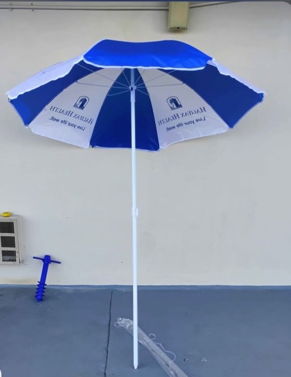 Blue & White Beach Umbrella Push-Button w/ Stand Sand Anchor, Logo Pattern