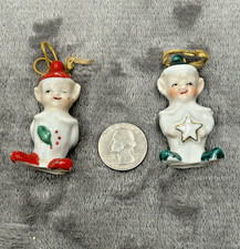 2 Vintage Xmas Porcelain Pixie Elf Figurine Bell Japan Commodore Yuletide