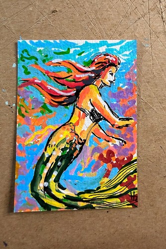 Original Fantasy Mermaid ACEO - Colorful Mermaid 2 - Ink & Acrylic OOAK signed