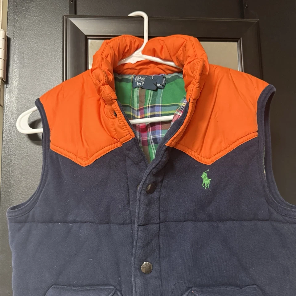 De Colección Polo Ralph Lauren Para Hombres Azul Naranja Forrado a Cuadros Chaleco Abombado Grande - Leer Foto 2 de 4