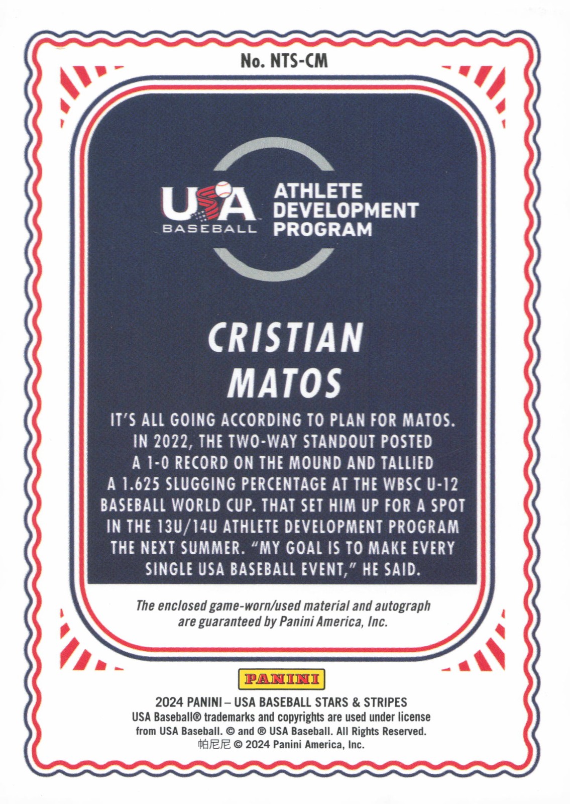 2024 Panini Stars & Stripes USA Baseball Cristian Matos Auto Patch /199 view 2