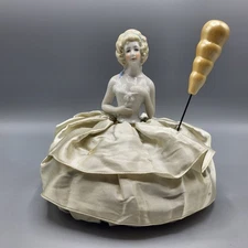 Vintage German Porcelain Pin Cushion Hatpin Holder Half Doll Satin Skirt