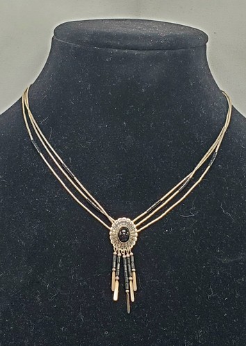 Southwestern 925 Sterling 3 Strand Liquid Silver & Onyx Tassel Pendant Necklace