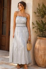 NWT J Crew Crinkle Maxi Dress L Silver Gray Ruffle Tiered Black Trim Cami