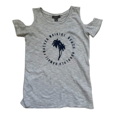 Primark Shirt Damen Gr 34 Weiß Dunkelblau Gestreift Sommer Print Hawaii
