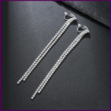 New Classic Shiny Crystal Clip on Earrings Ladies Exaggerated Long Tassels