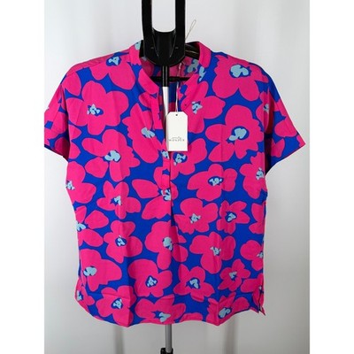 Emily Wonder Floral Split Neck Blouse Pink Blue Short Sleeve Peplum Back M NEW