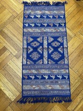Vintage Handwoven Indigo Blue Textile Table Runner Tribal Bird Geometric 42"x18”
