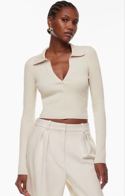 Aritzia Babaton Long Sleeve Ivory Cream Ribbed Polo Merino Blend Small