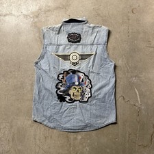 Vintage Harley Davidson Distressed Denim Pearl Snap Patchwork Vest Mens XL
