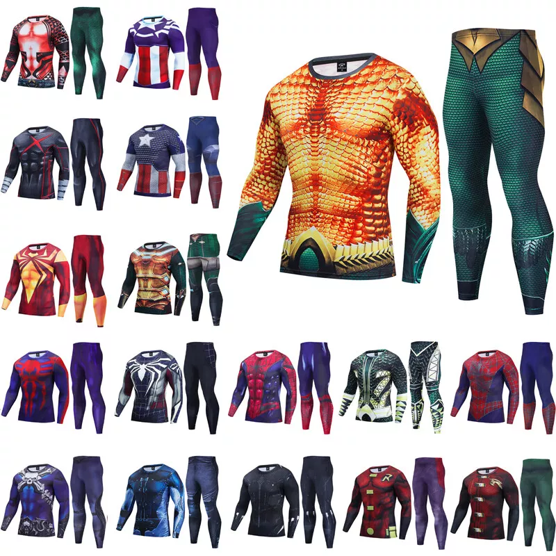 Men&#039;s T-shirts Long Sleeve Set 3D Printed Marvel Superhero Gym Tops | eBay