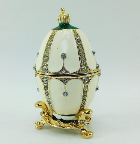 Decorative Egg Shaped Rhinestone Jewelry Trinket Box w/ Stand White Gold Tone - Picture 2 of 5