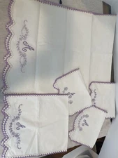 Vintage Embroidered Dresser Scarfs Runners Initial "A" Lilac on Ecru 5 Pieces