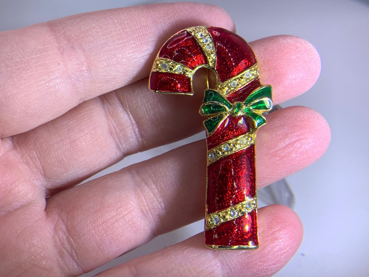Christmas Candy Cane Enamel Clear Rhinestones Vintage Gold Brooch