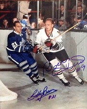 BOBBY BAUN AND BOBBY HULL AUTOGRAPHED 8x10 COLOUR PHOTO SIGNED COA LEAFS HAWKS