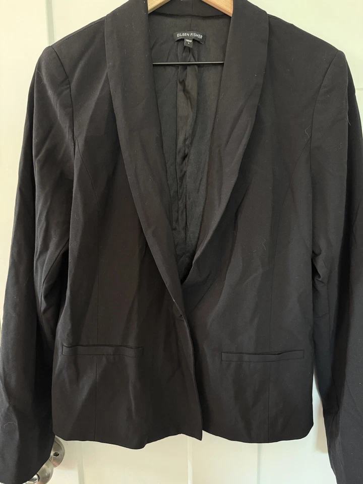 Chaqueta Esmoquin EILEEN FISHER L Lana Seda Elastizada Un Botón Negra 78121 Foto 4 de 4