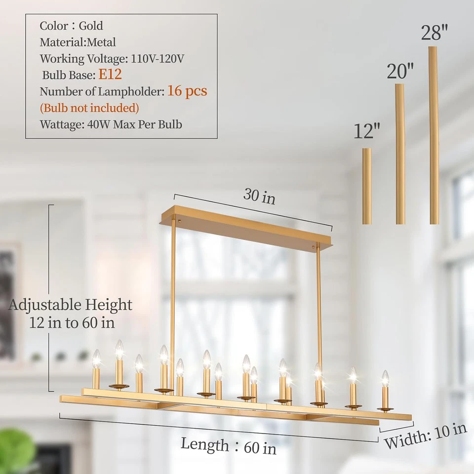 60-Inch Rustic Gold Linear Chandelier,Extra Long Chandelier,Gold Light Fixture f - Image 4 of 4