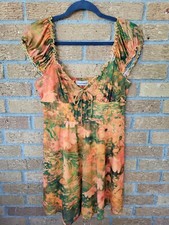 URBAN OUTFITTERS Orange & Green Flower Print Smocked Back Short Dress Sz M