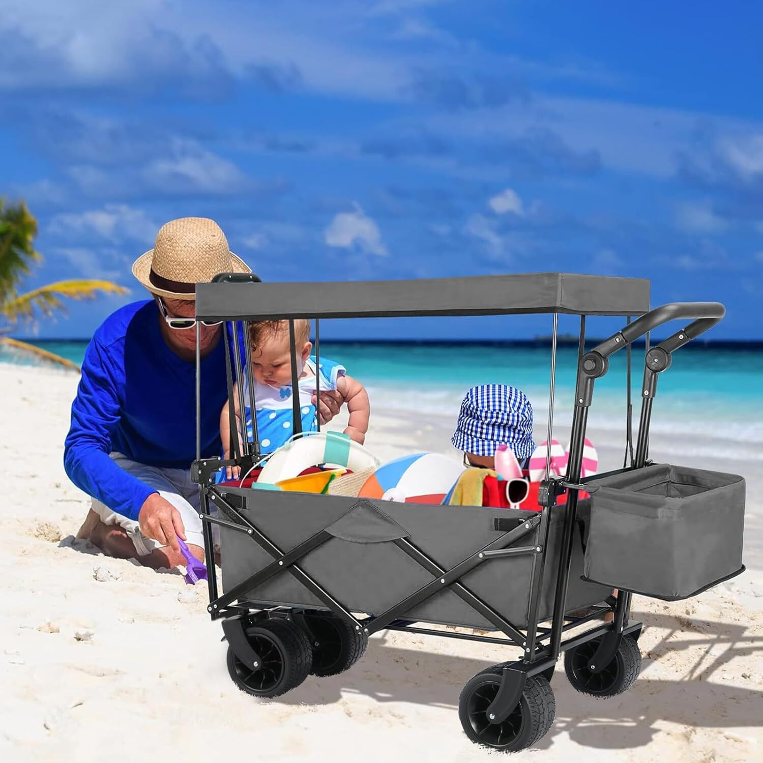 Collapsible Wagon Cart Folding Outdoor Utility Wagon W/ Canopy for Beach Camping