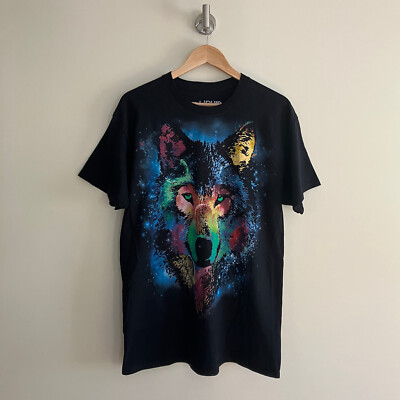 Liquid Blue T-Shirt Adult Large Black Wolf Print Tubular Knit Pre-Shrunk Cotton