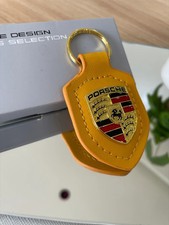 GENUINE PORSCHE LEATHER CREST KEY RING FOB CHAIN Yellow WAP0500950E NEW IN BOX