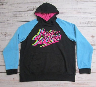 Howl-O-Scream Black Blue Neon Paint Dripping Skull Logo Sweatshirt Hoodie Men XL