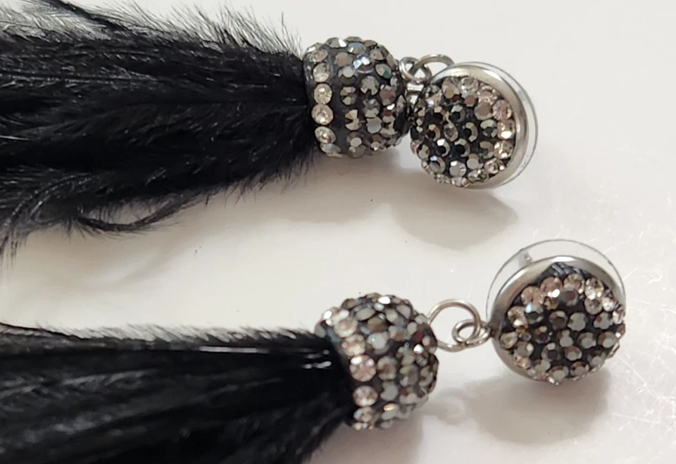 7 Pr Pierced Dangle Earrings Rhinestone Black Fearthers Gothic Vampire Steampunk - Image 3 of 4