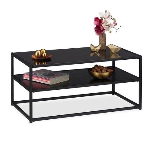 Mesa centro cristal 2 estantes 20 kg mesa de centro negra mesa baja rectangular - Imagen 1 de 9