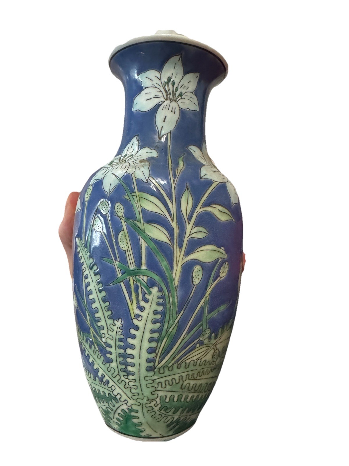 Blue Green White Glossy Ceramic Floral Vase Printed Backstamp Flowers