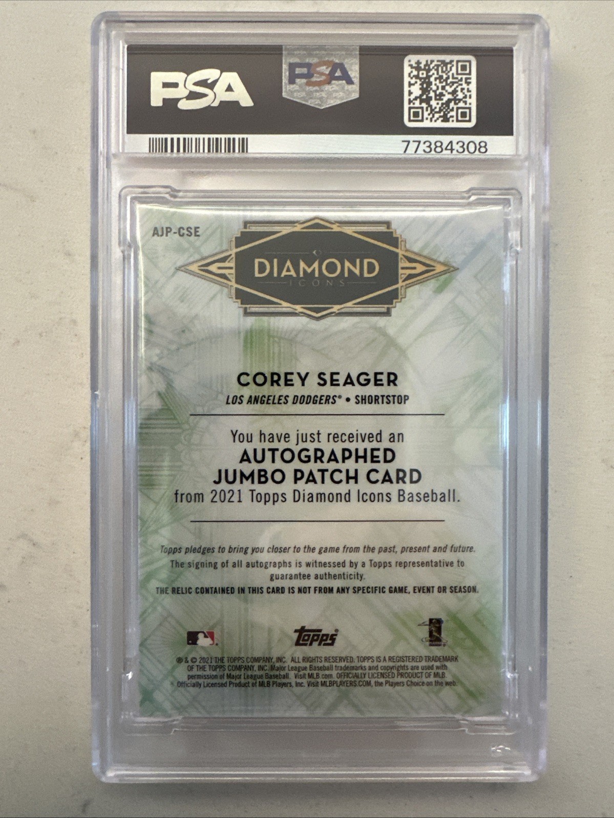 2021 Diamond Icons Corey Seager Auto GU Jumbo Patches Purple #/10 PSA AUTO 10 view 3