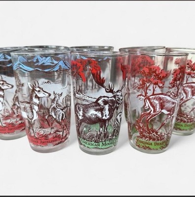 Hazel Atlas Vintage (1950s) Wildlife Animal Print Drinking Glasses 8-Pc Set 