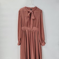 Shein Maxi Dress M Pink Sparkle Stripes Tie Neck Long Puff Sleeve Shirred Waist