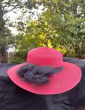 Vtg Fancy Elegant Red Hat w/ Black Bow, Ribbon  Netting, Church, Wedding, Derby