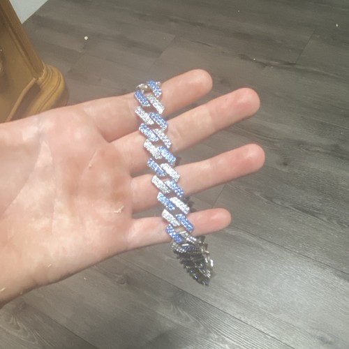 Men's Silver Blue Cuban Link Chain Bracelet Metal Box Closure Hip Hop