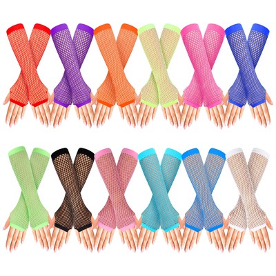 12 Stk Lange Netz Handschuhe - Fingerlose Nylon Netz Armstulpen in Verschiedenen