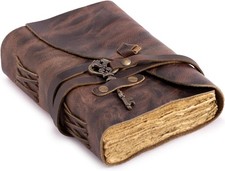 Vintage Leather Journal - Antique Handmade Deckle Edge Paper Bound - Book of